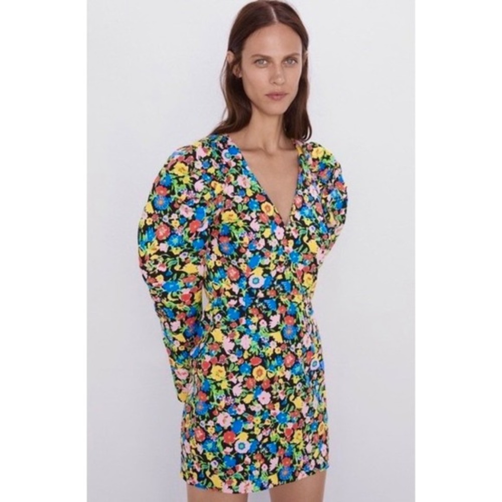 ZARA Bright Floral Mini Dress Statement Puffed Sleeves Spring Summer Black Small
